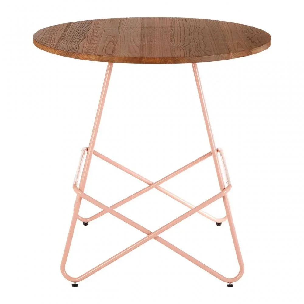 Round wooden side table with pink metal frame and angled legs