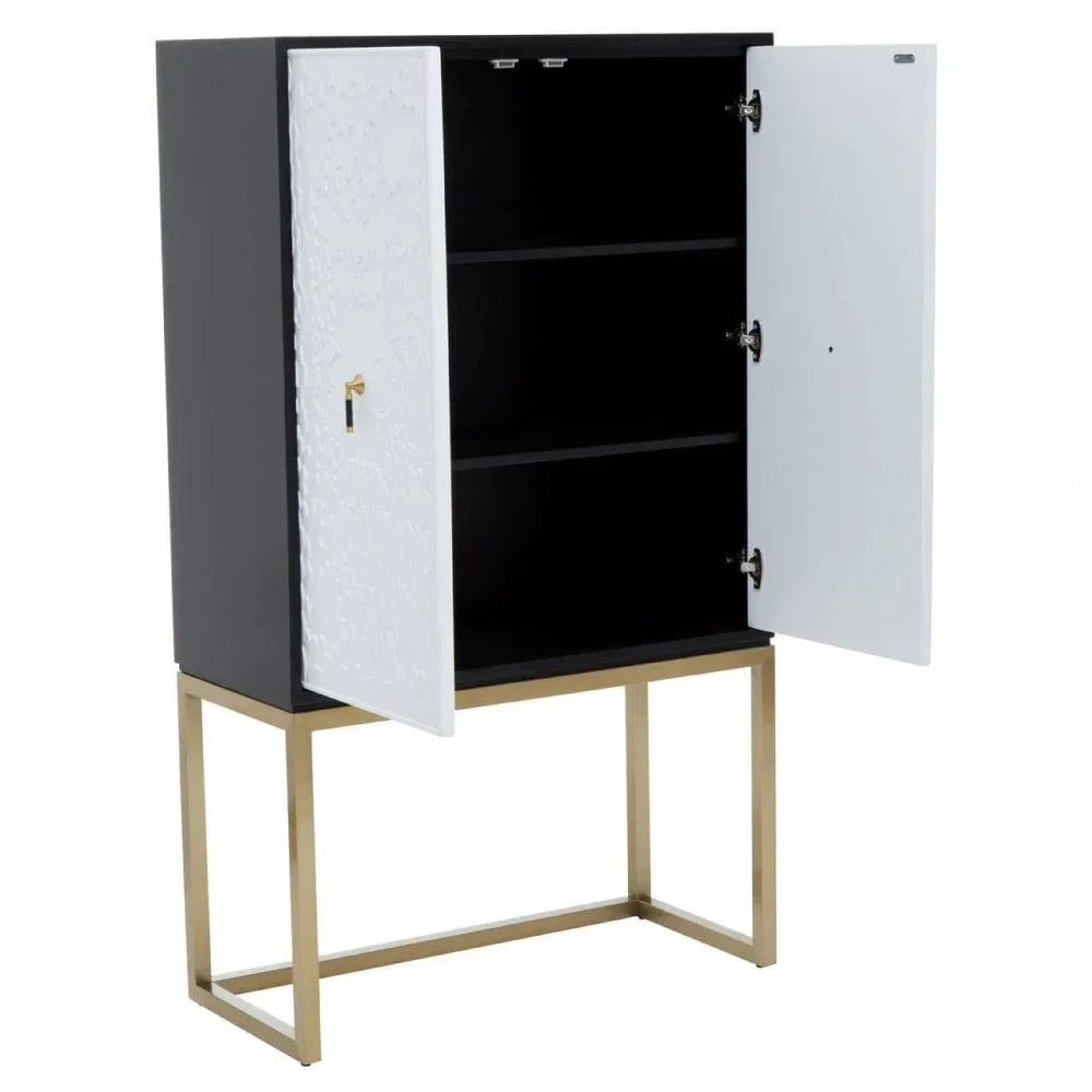 Modern black and white cabinet with open doors, gold metal legs, and interior shelves