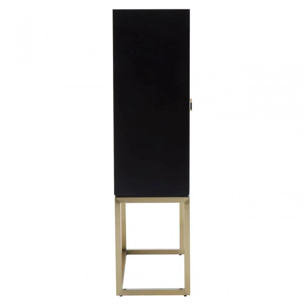 Side profile of tall black cabinet with gold metal legs