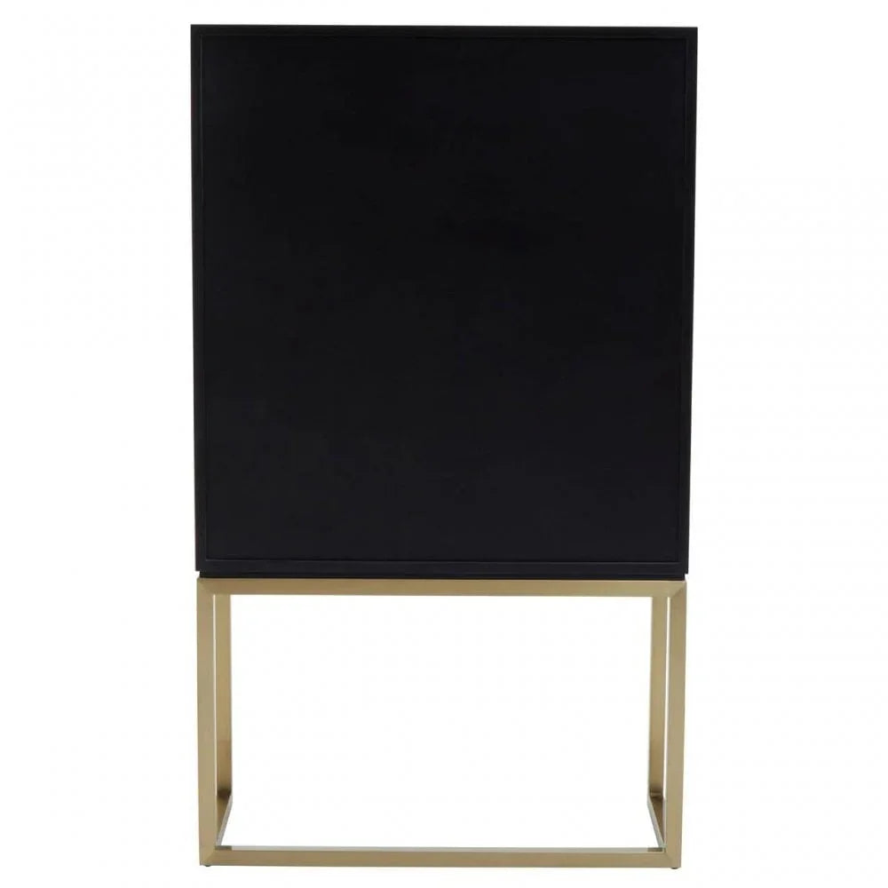 Black cabinet with gold metal frame base, modern furniture front view