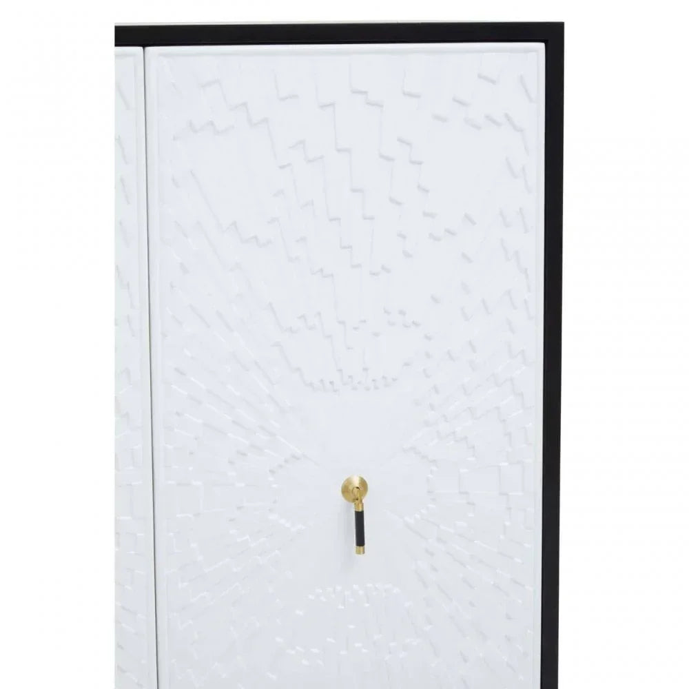 White textured cabinet door with gold black handle and black frame closeup