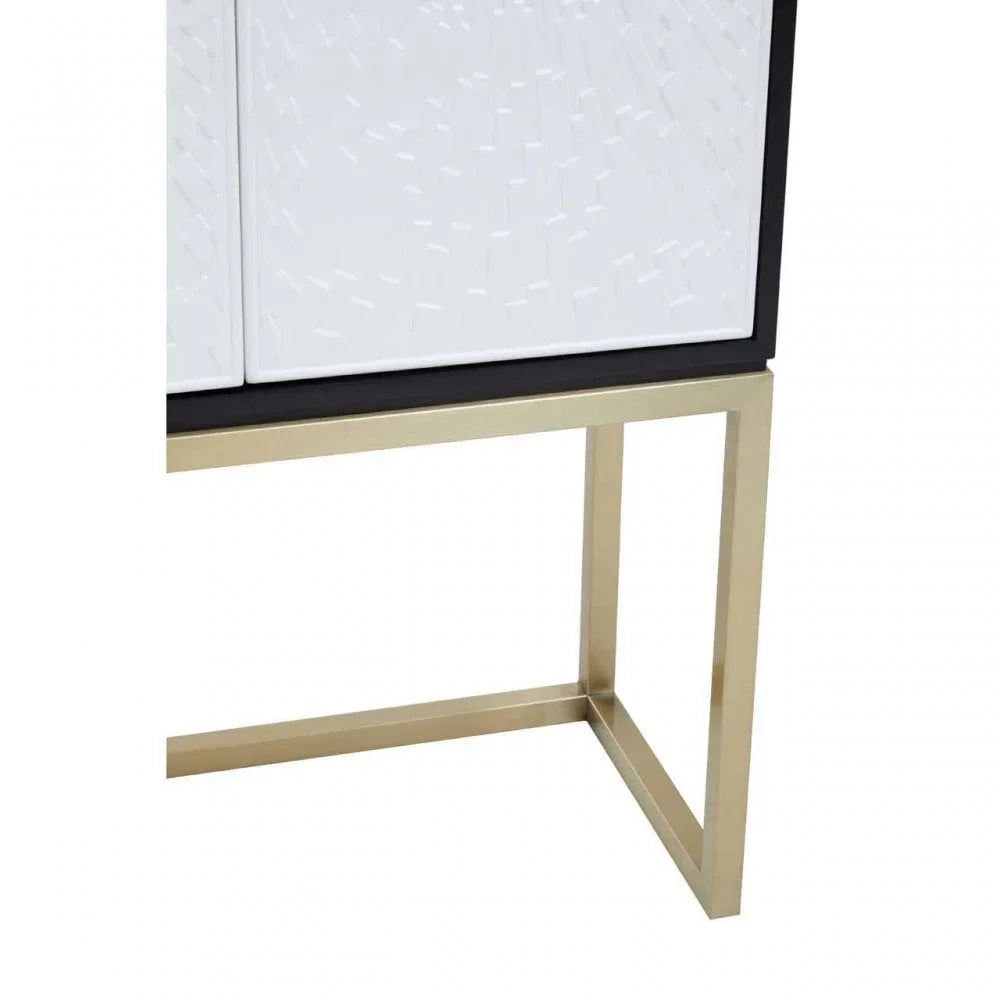 Close up of a sideboard with gold metal frame and white textured cabinet door