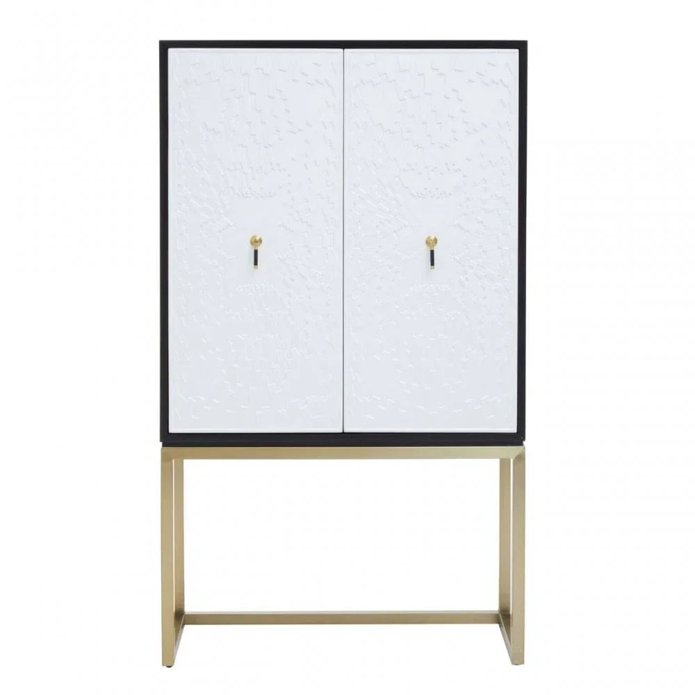 White textured cabinet with gold handles and brass frame, front view
