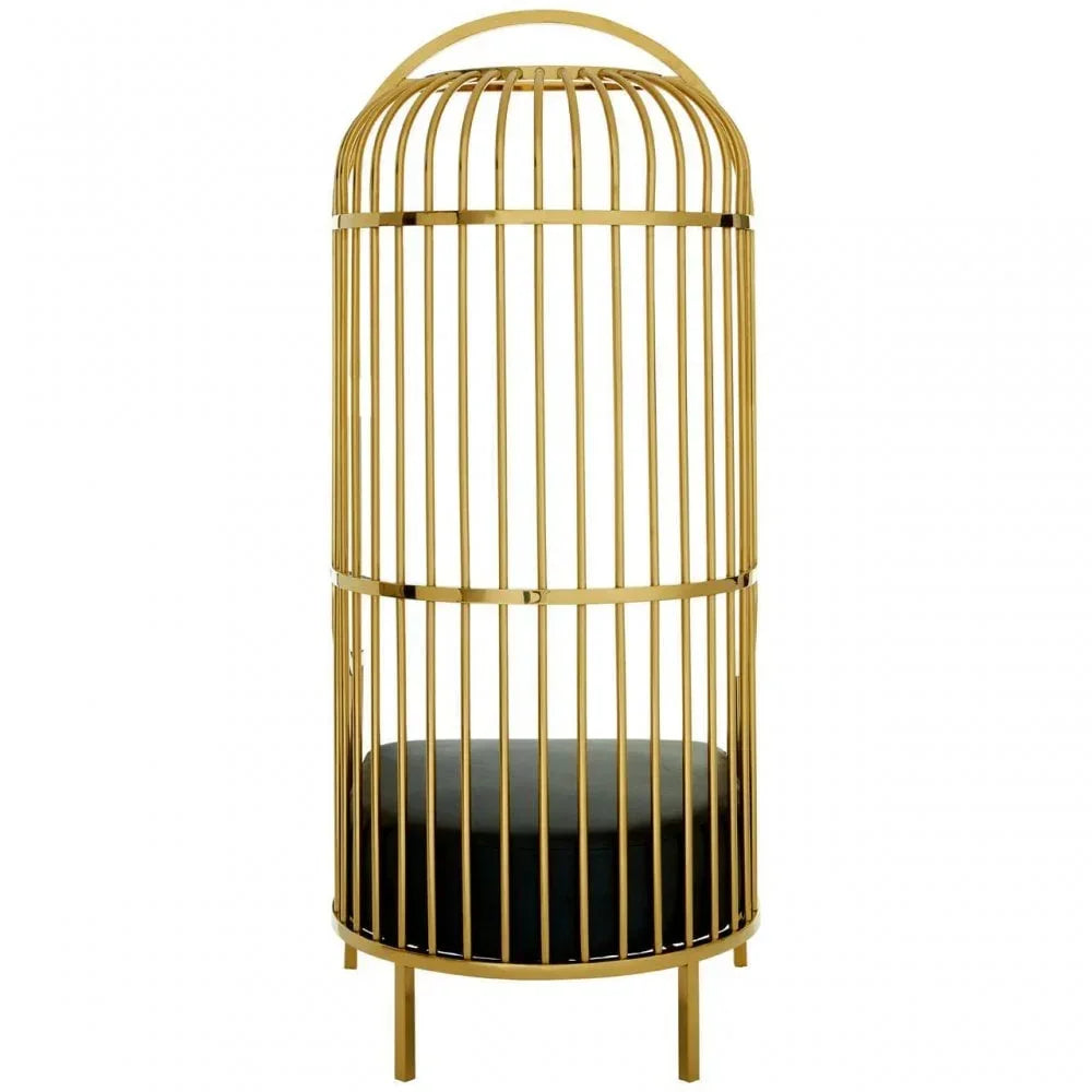 Gold cage accent chair with black cushioned seat and tall rounded backrest