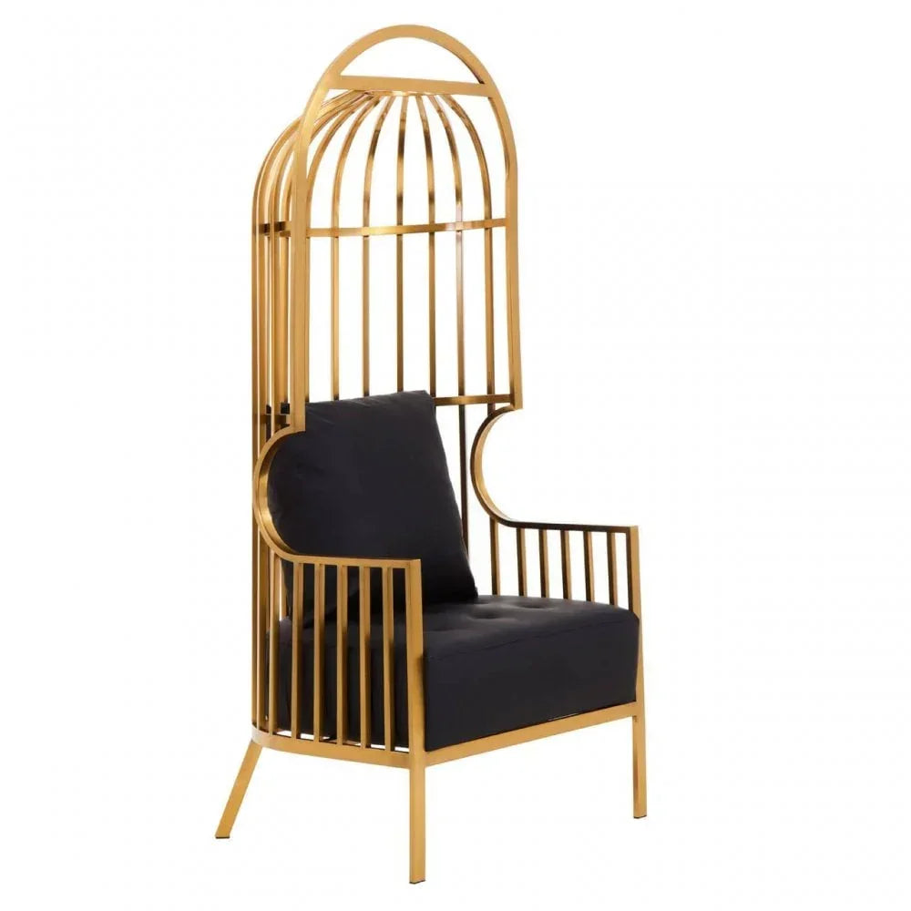 Gold metal high-back accent chair with black seat and back cushion