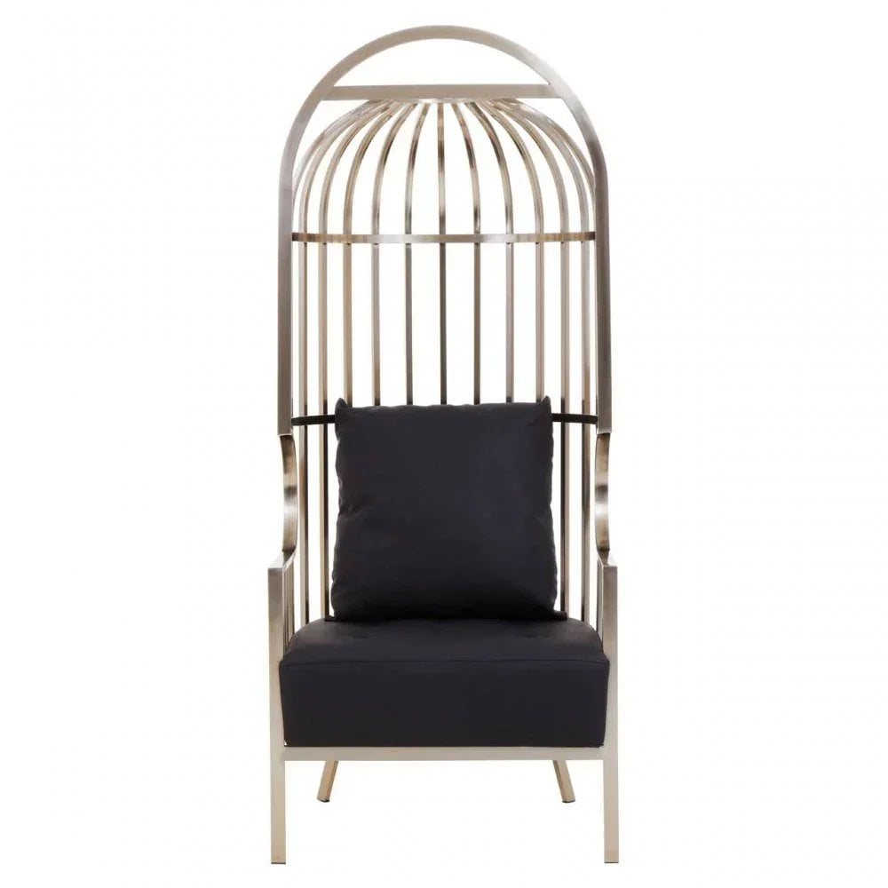 Modern high back metal accent chair with black cushion and arched top