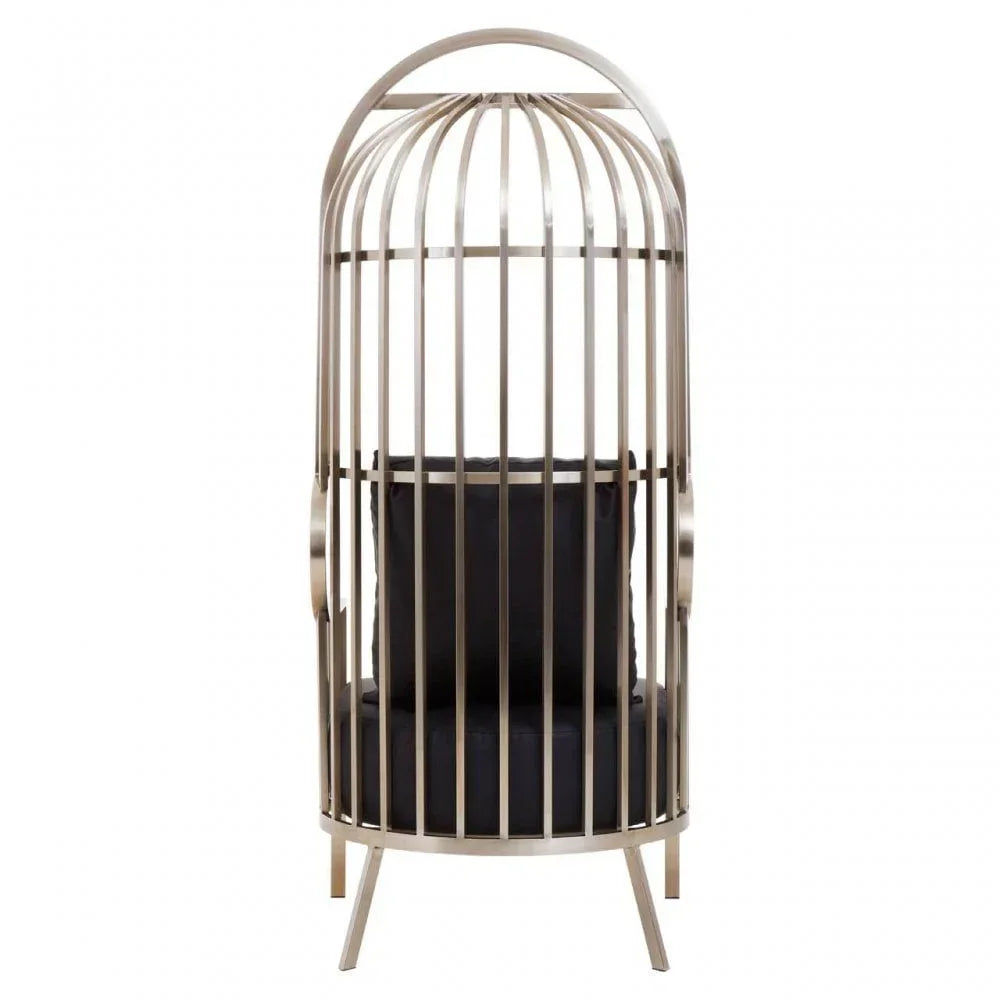 Silver metal cage chair with black cushion, contemporary accent seating, front view