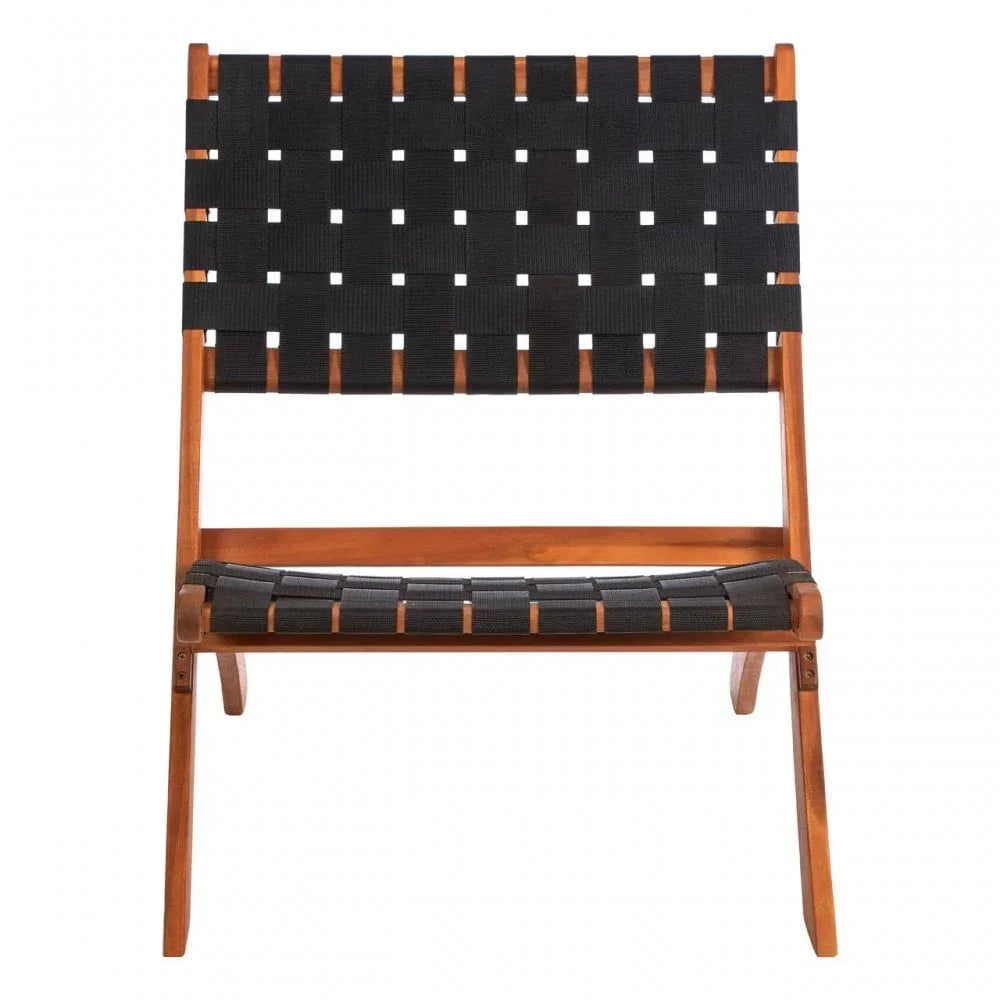 Wooden lounge chair with black woven strap seat and backrest, front view