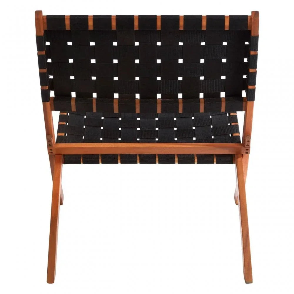 Rear view of wooden accent chair with black woven seat and backrest