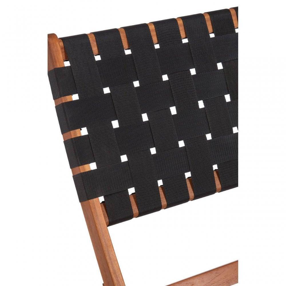 Closeup of black woven fabric dining chair back with wooden frame