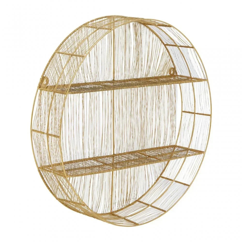 Round gold metal wall shelf with two wire shelves and open design