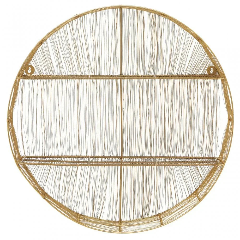 Round rattan wall shelf with two open shelves and woven design