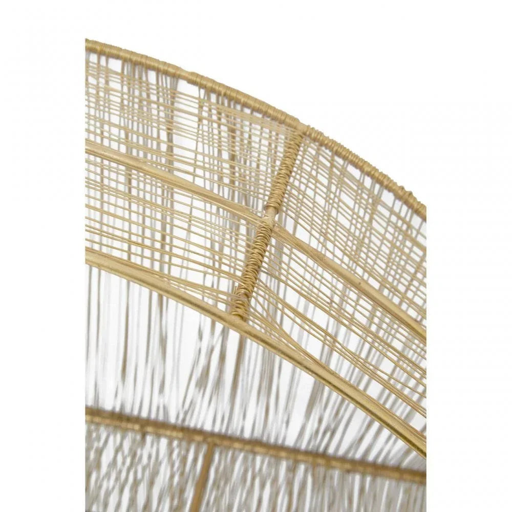 Closeup of woven rattan lamp shade detail showing natural fiber strands and curved frame