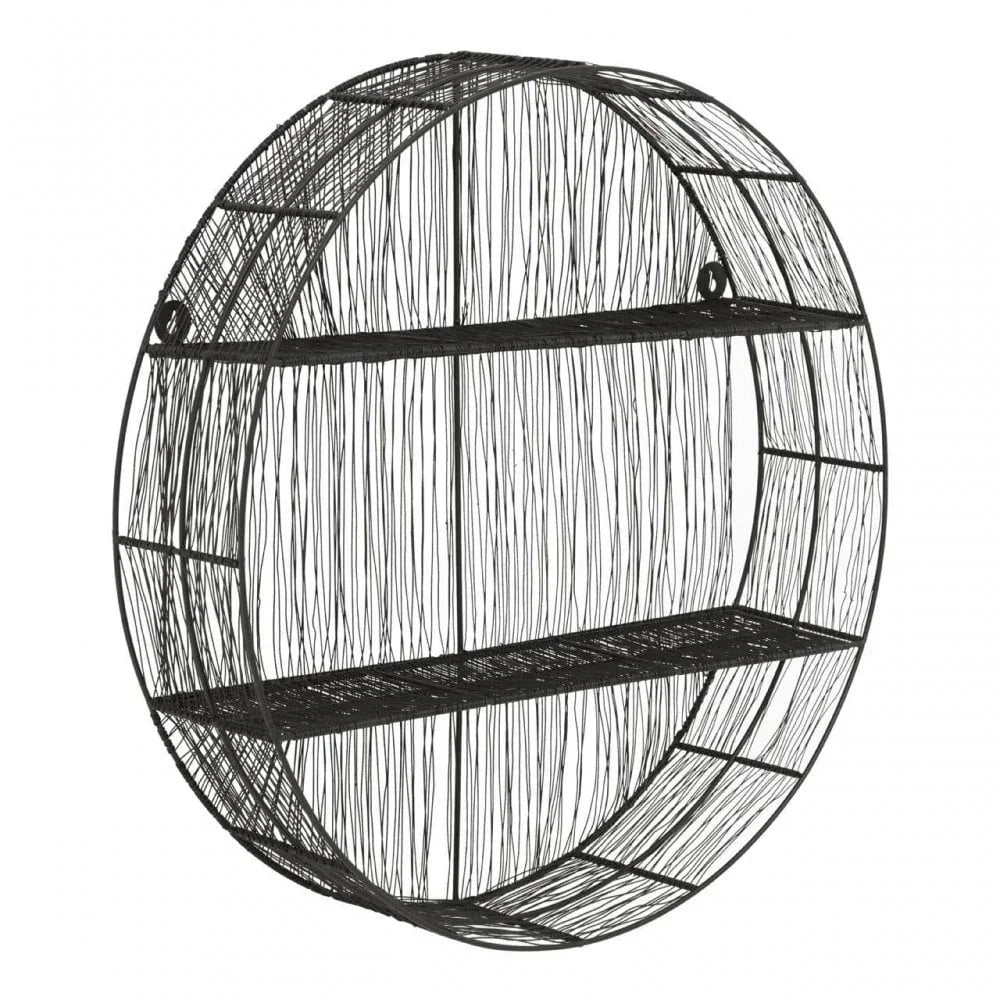 Round black metal wall shelf with two levels and open wire design