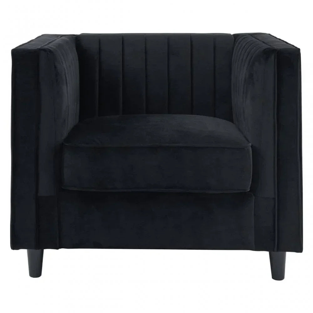 Black velvet armchair with vertical stitched backrest and square frame, front view