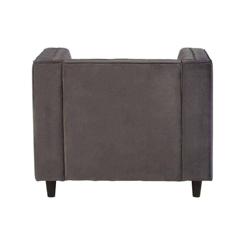 Back view of grey fabric sofa with square armrests and short black legs