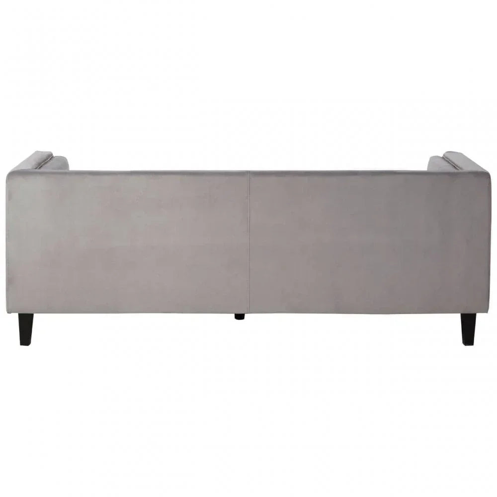 Rear view of light grey sofa with straight back and dark wooden legs