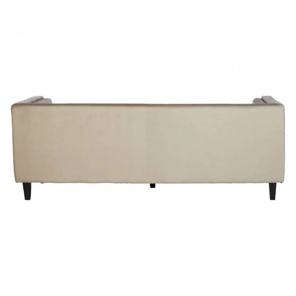 Beige fabric sofa rear view with straight back and dark wood legs