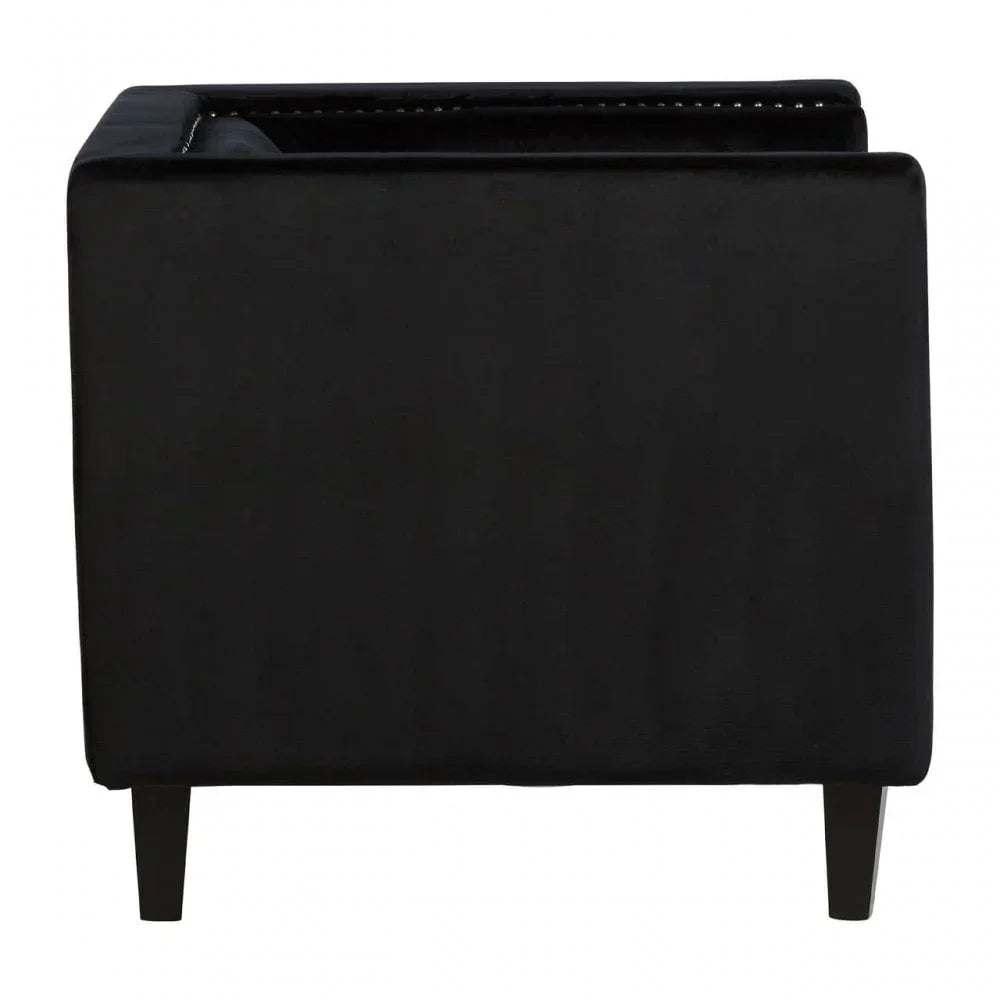 Black velvet sofa side view with straight wooden legs