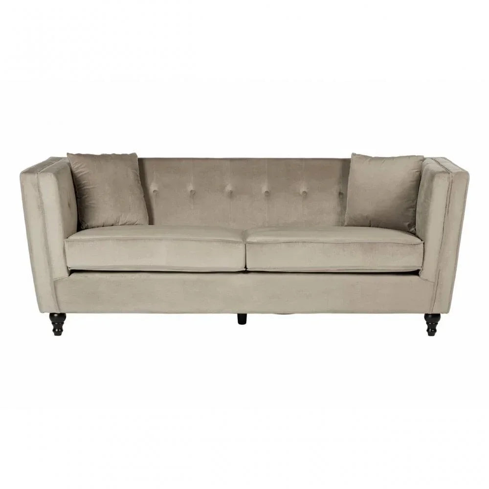 Beige fabric sofa with square arms, button-tufted back, and two matching cushions