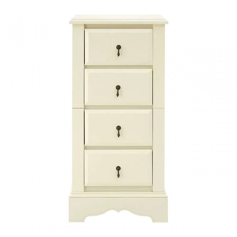 Cream painted tallboy drawer chest with four drawers and decorative handles