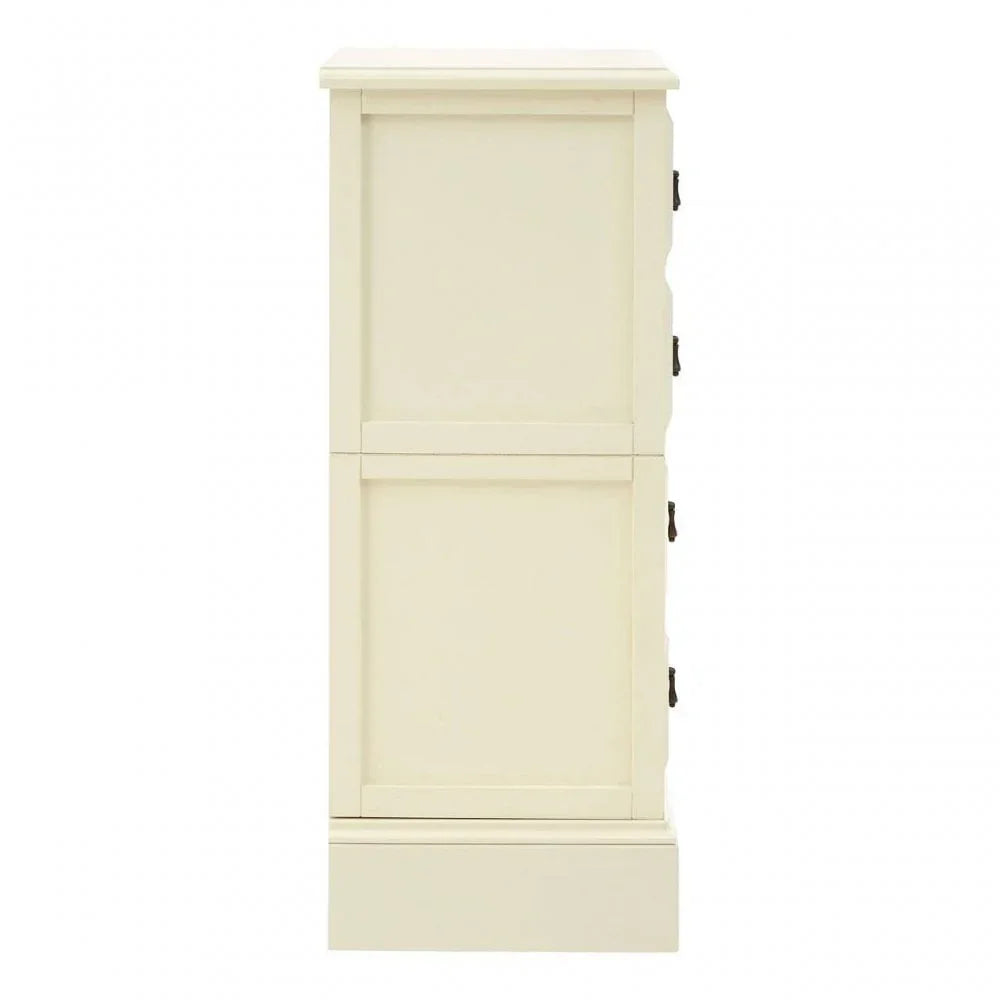 Side view of cream wooden chest of drawers with panel detailing