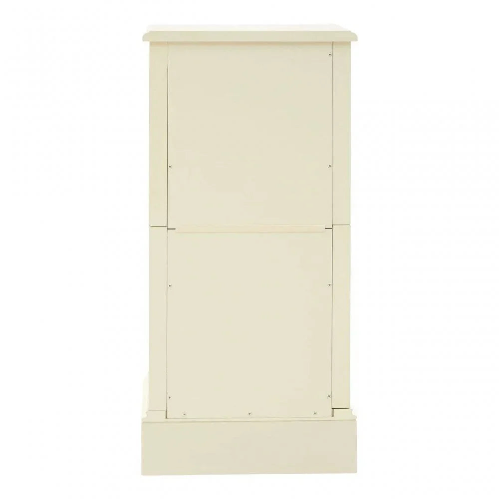 Side view of cream painted wooden cabinet with panel detailing