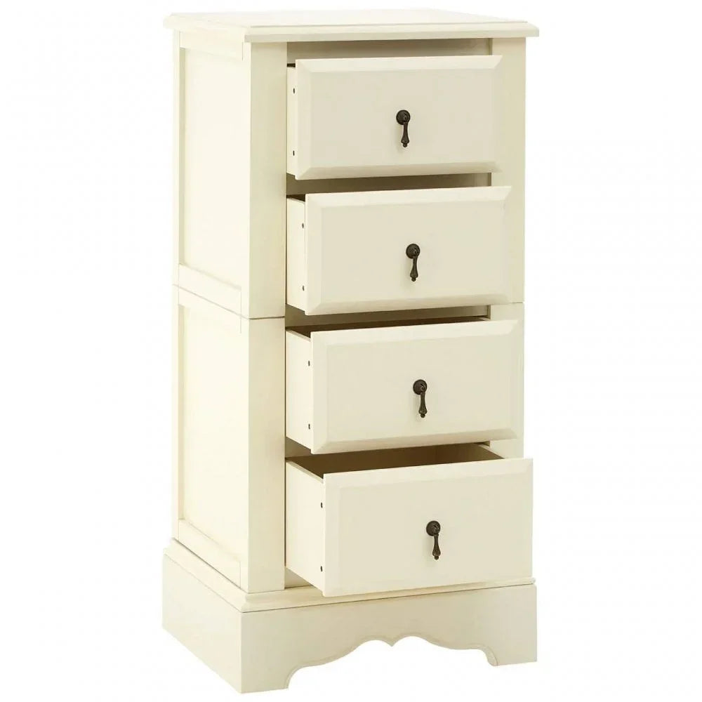 Cream wooden chest of drawers with four open drawers and black metal handles