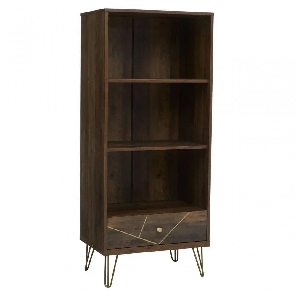Dark wood bookcase with three shelves, gold metal hairpin legs, and geometric drawer front