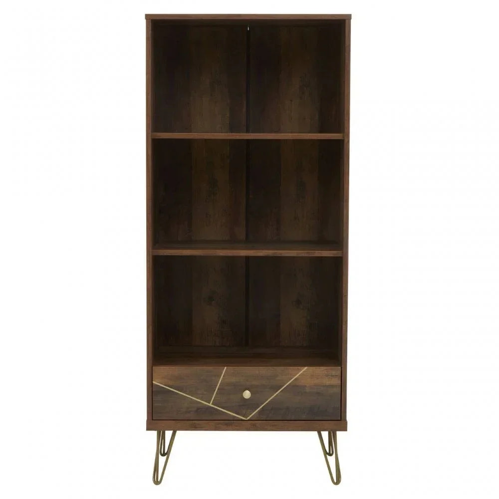 Dark wood bookcase with three open shelves, single drawer and metal hairpin legs