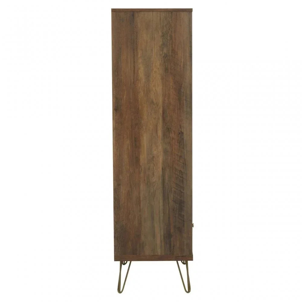 Tall wooden storage cabinet with hairpin metal legs, front view