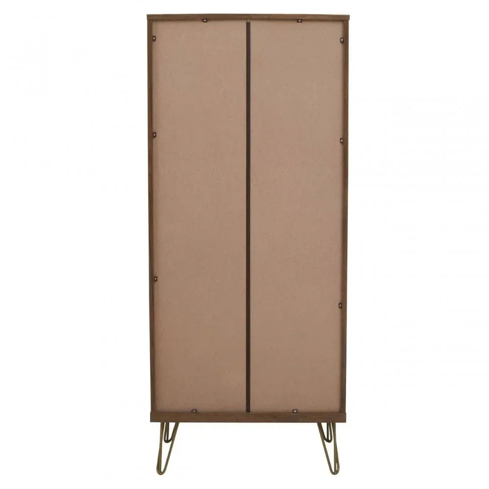 Back view of wooden wardrobe with hairpin metal legs