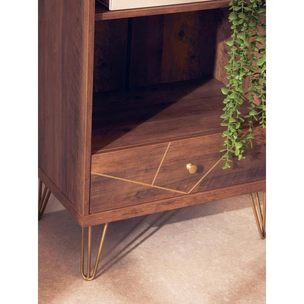 Wooden side table with gold hairpin legs, single drawer, and open shelf