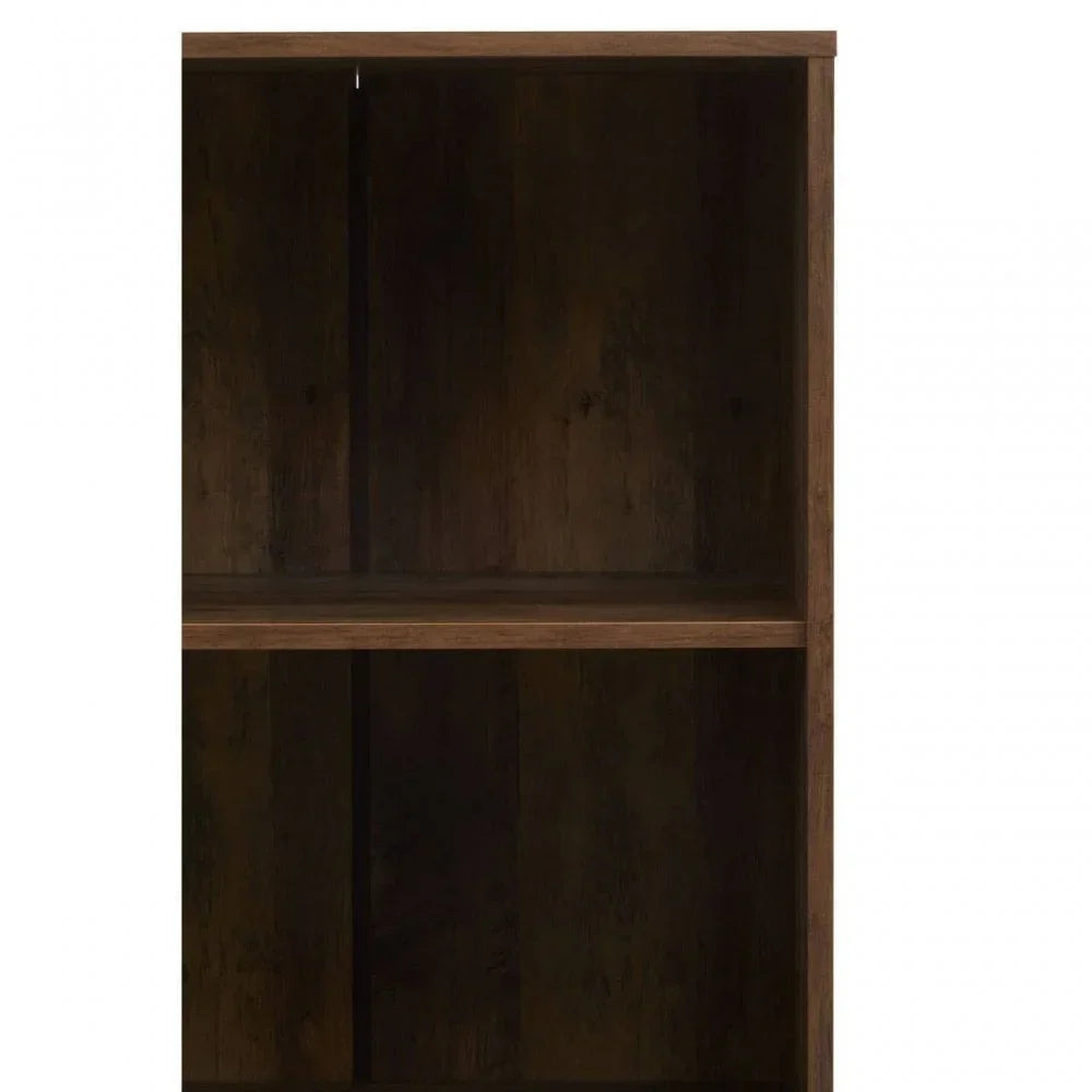 closeup of dark wood bookcase shelf section with vertical and horizontal panels