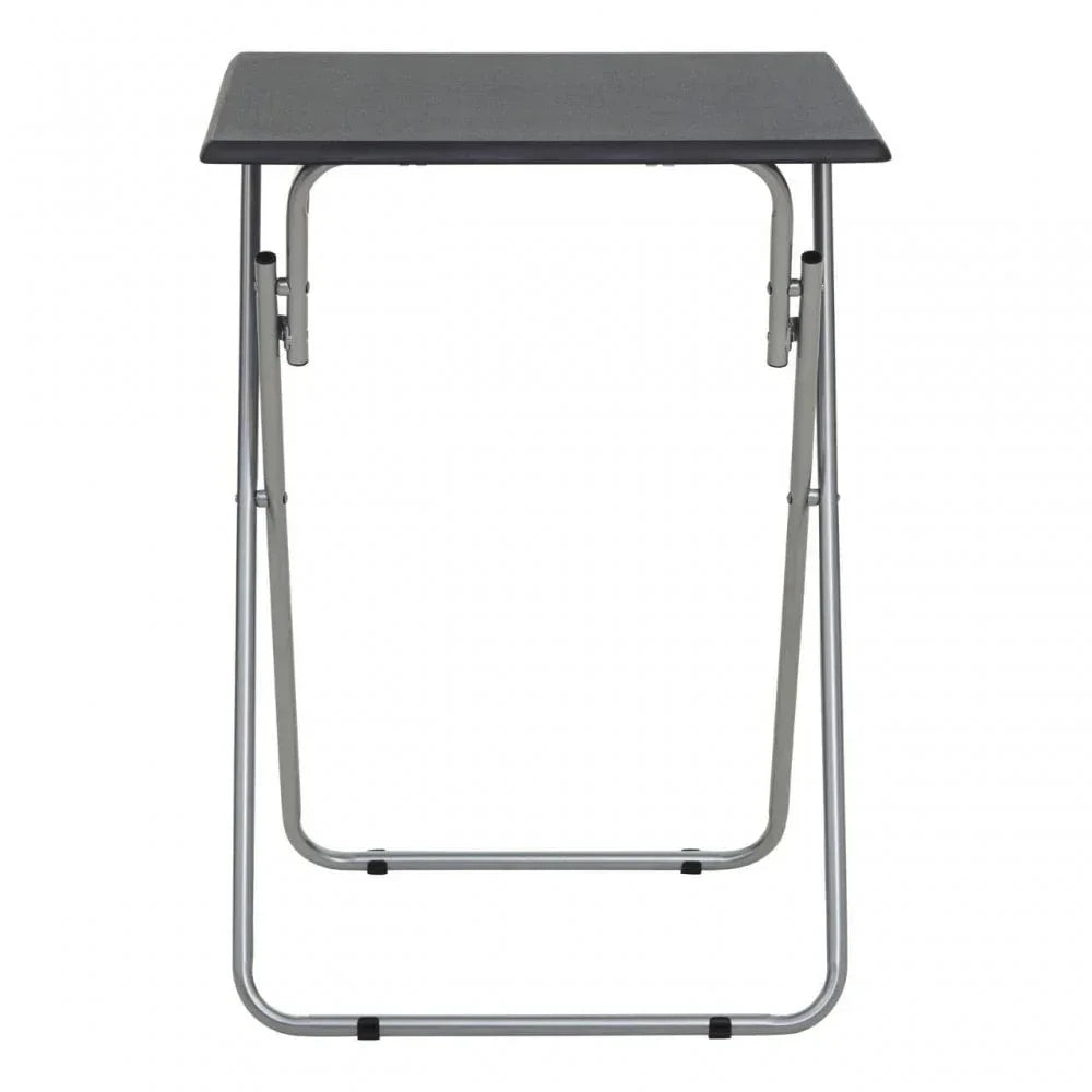 Folding table with grey tabletop and metal legs, shown from the front angle