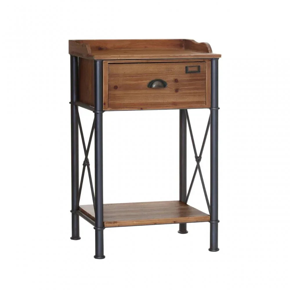 Wood and metal bedside table with single drawer and lower shelf, front view