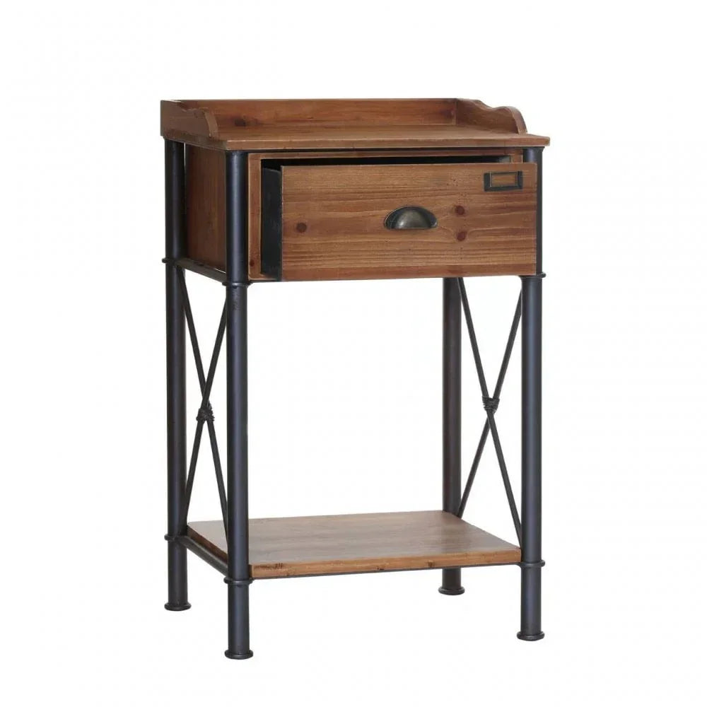 Industrial style bedside table with metal legs, wood drawer and open shelf