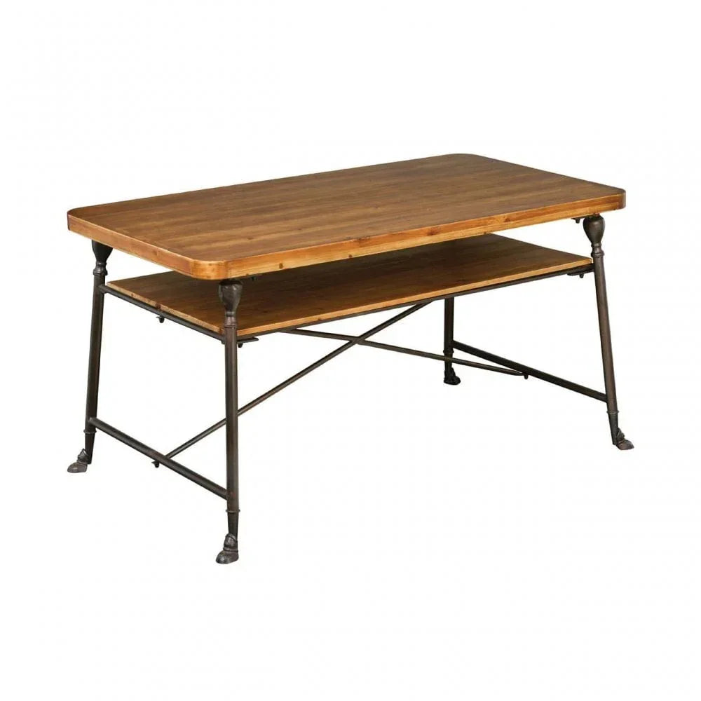 Rectangular wooden coffee table with metal legs and lower storage shelf