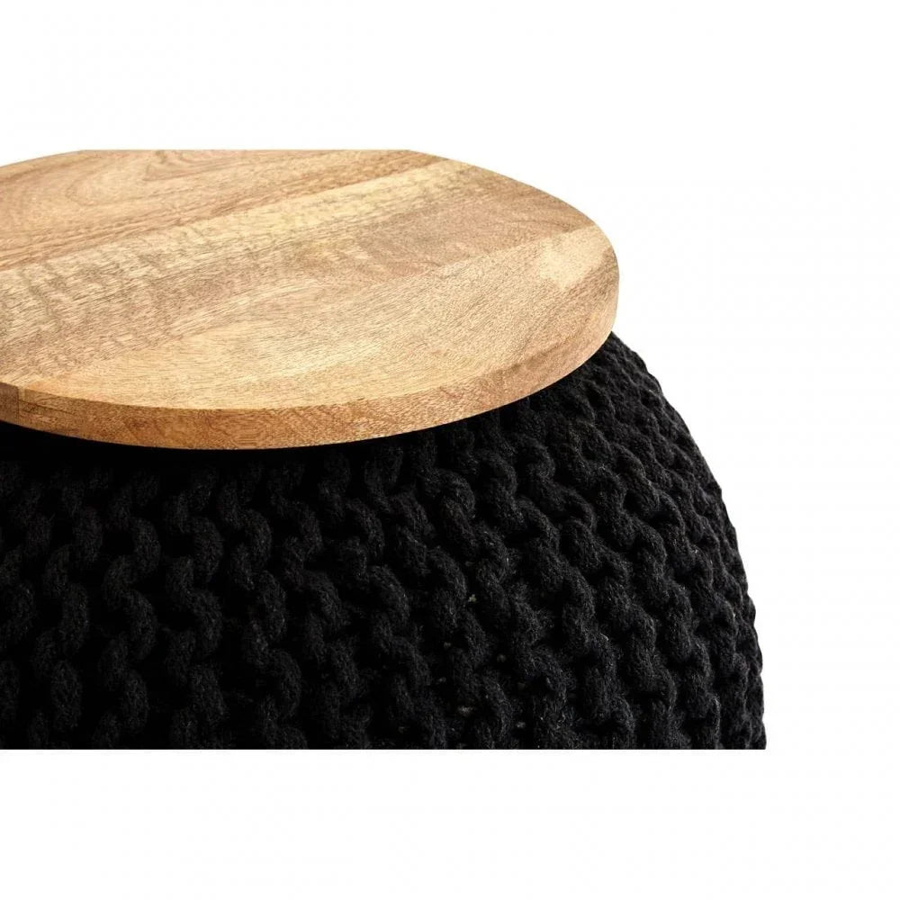 Black knitted pouffe with round wooden tray top