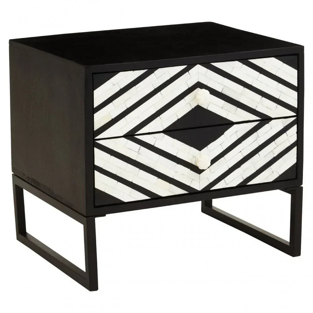 Black and white bone inlay bedside table with geometric diamond pattern and two drawers