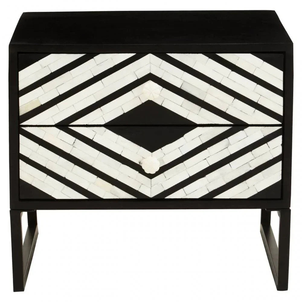 Black and white bedside table with geometric chevron pattern and two drawers