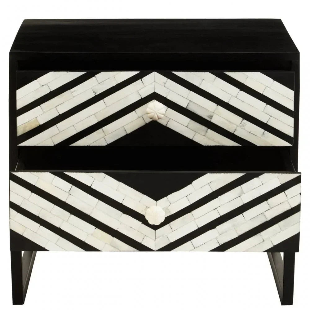 Black and white chevron bedside table with two drawers, bone inlay detail, front view