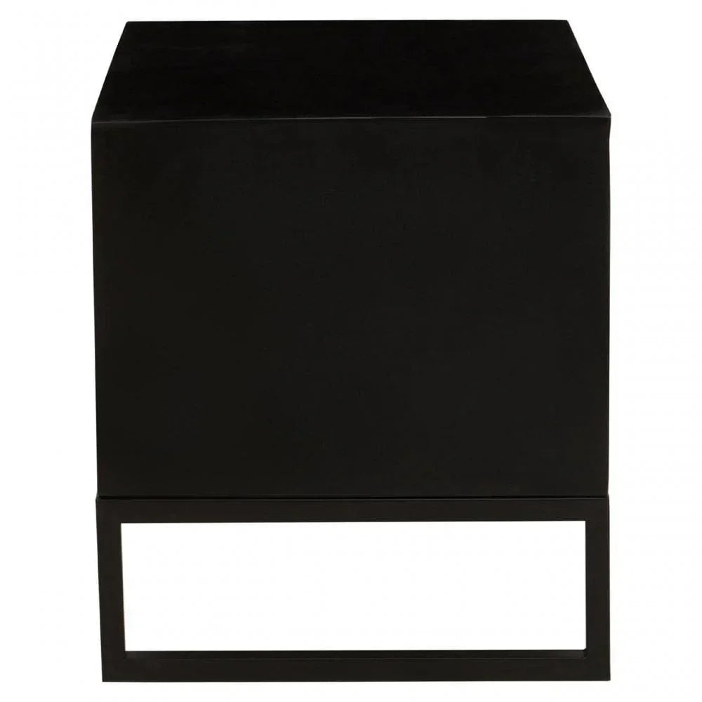 Black cube side table with open rectangular metal base, modern minimalist furniture
