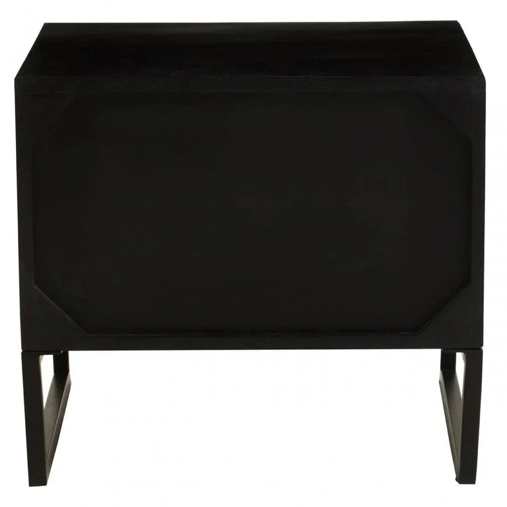Black wooden bedside table with rectangular legs, front view