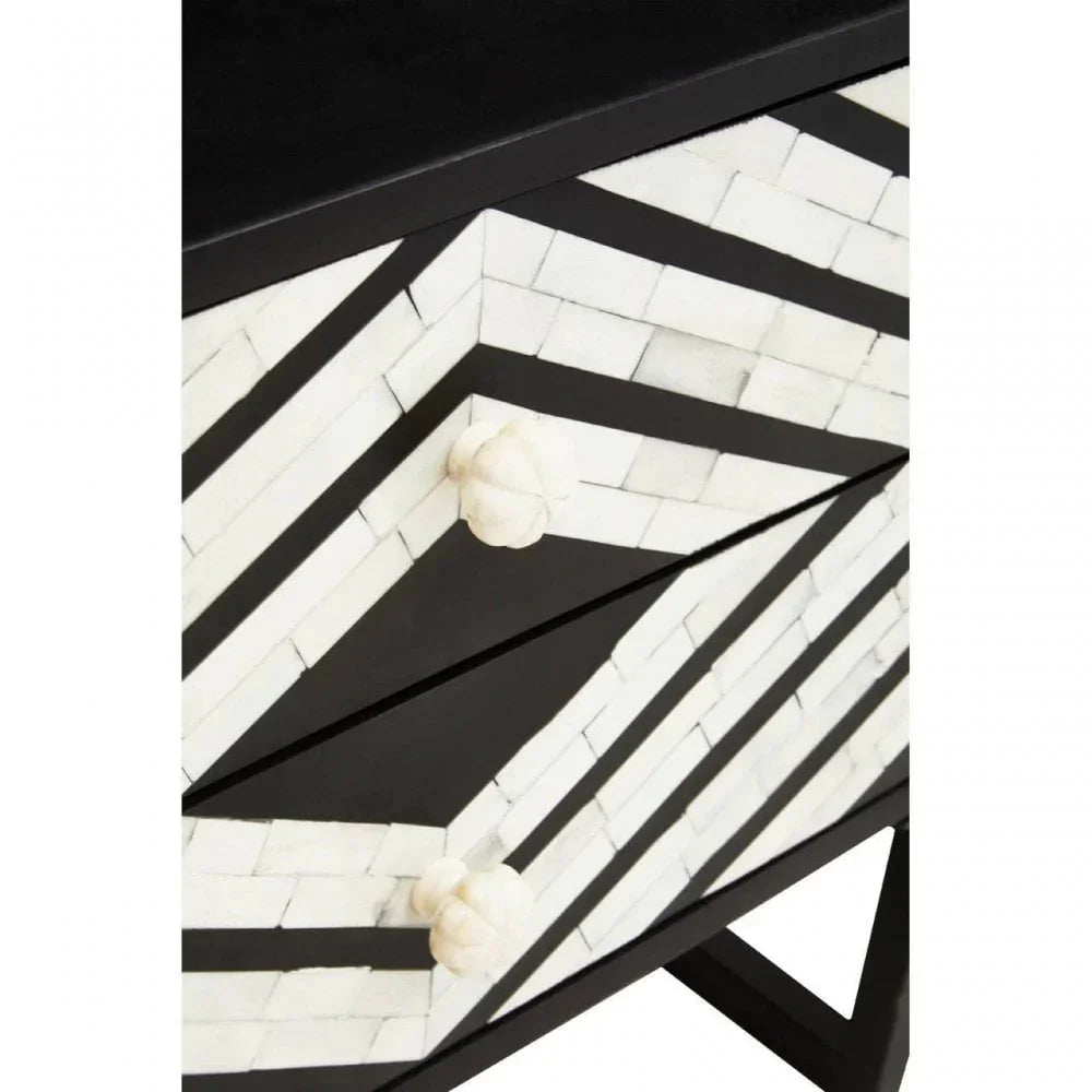 Chevron pattern bedside table with black and white bone inlay and round drawer knobs