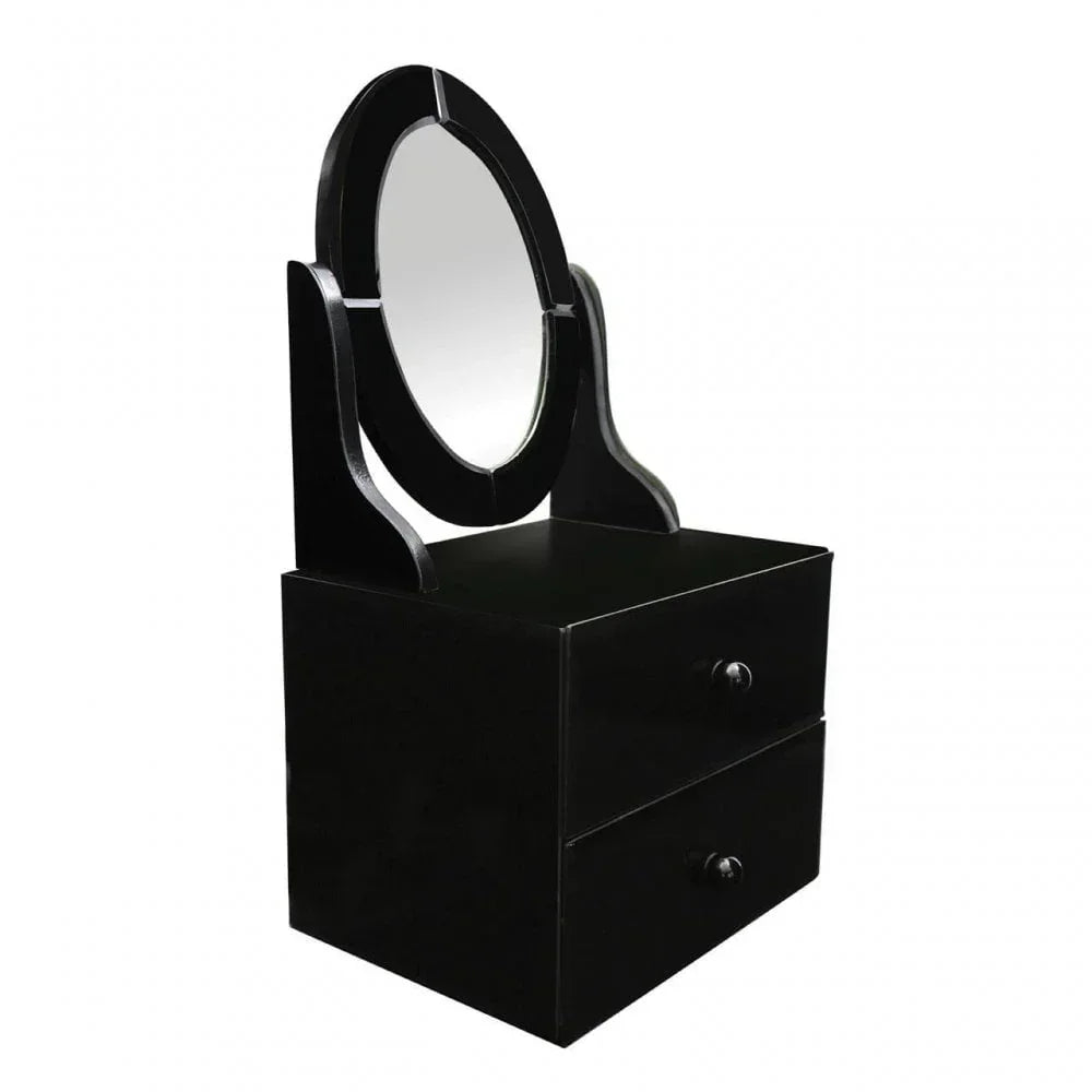 Black dressing table with oval mirror and two drawers, front angle view