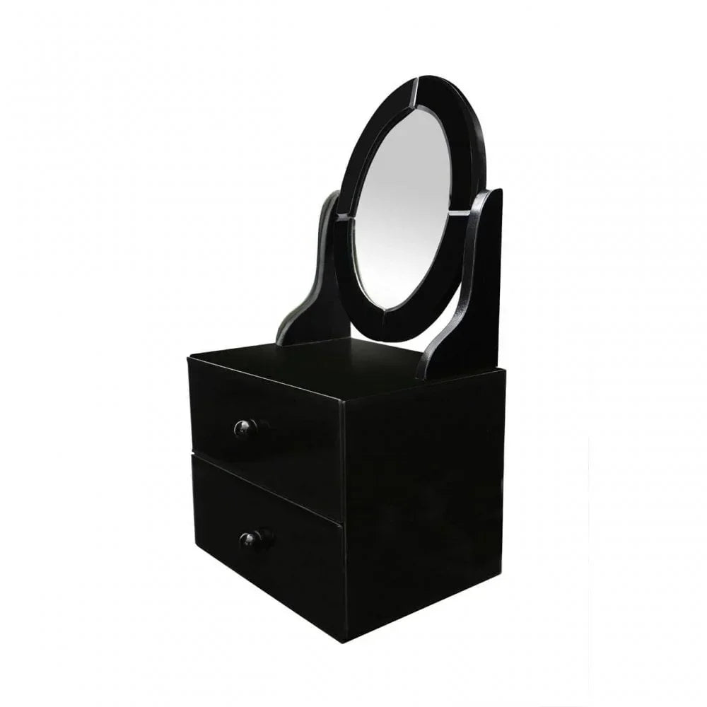 Black dressing table with oval mirror and two storage drawers