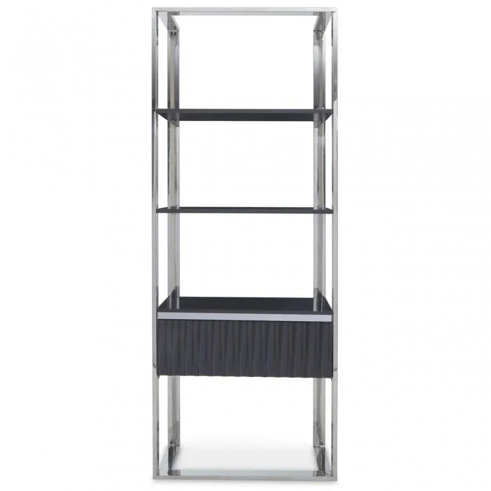 Black and chrome shelving unit with open shelves and lower storage drawer, front view