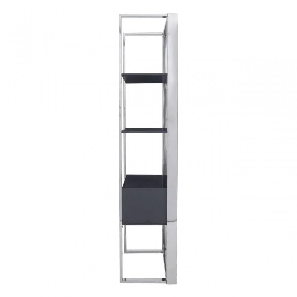 Side view of tall metal shelving unit with black shelves and box storage compartment