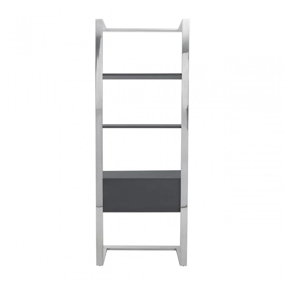Chrome and black bookcase with three open shelves and modern ladder frame, front view